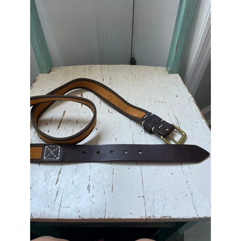 Bills Khakis Mens Brown Leather Tan Suede Canvas Trim Belt Brass Buckle Size 42